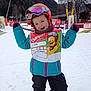 child, skiing, snow, helmet, jacket, gloves, ski_boots, winter, outdoor, mountains, snow_sports, playful, smiling, bib, cartoon, colorful, cold_weather, fun, recreation, active