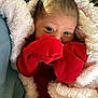 Isabella joined the competition — help win amazing prizes! baby, blanket, red_mittens, face, eyes, cozy, soft, newborn, infant, wrapped, clothing, cute, small_hands, warm, person, portrait, indoors, resting, skin, head