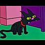 cartoon, black_cat, cat, animated_character, yellow_eyes, pink_nose, fangs, red_collar, sitting, tail, whiskers, green_floor, purple_wall, building_corner, illustration, two_dimensional, closeup, pet, comical, odd_expression