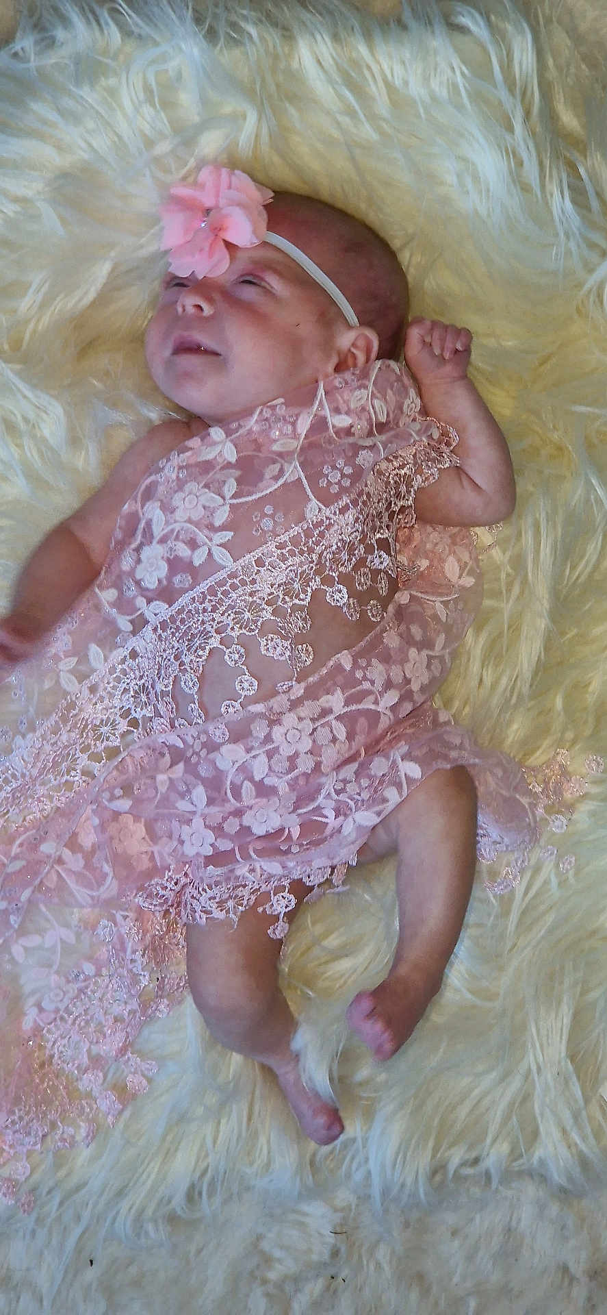 Olivia-Rose joined the competition — help win amazing prizes! baby, infant, pink_lace, headband, flower, blanket, soft_texture, newborn, sleeping, cute, small, delicate, lying_down, human, skin, hand, foot, portrait, indoor, resting