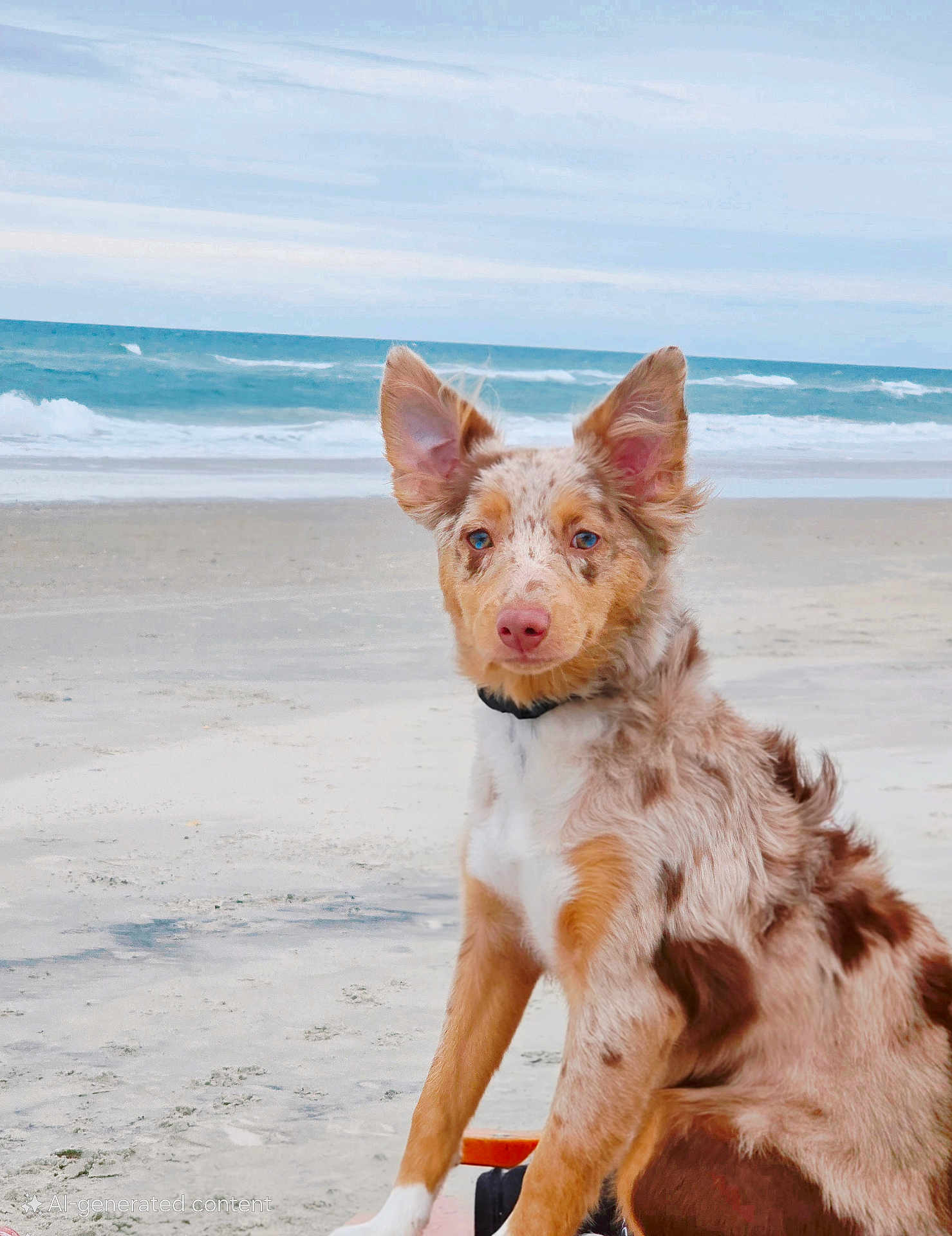 Willow is registered to the contest to win money with this photo: dog, beach, sea, sand, waves, outdoor, pet, canine, blue_eyes, ears, collar, nature, animal, water, sky, fur, sitting, summer, coast, portrait