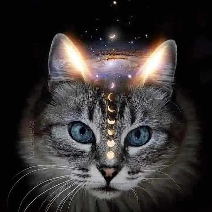 Scotty participe au concours pour gagner de l'argent avec cette photo : animal, blue_eyes, cat, close_up, cosmic, dark_background, eyes, face, fantasy, fantasy_art, fur, galaxy, glowing_ears, magic, moon_phases, mystical, night, portrait, space, whiskers