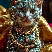 Ponpon participe au concours pour gagner de l'argent avec cette photo : cat, glitter, gold_necklaces, jewelry, pet, feline, close_up, portrait, sparkle, luxury, gold, animal, cute, indoor, soft_lighting, fabric, domestic_cat, whiskers, eyes, decorative