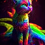 cat, rainbow_colors, neon, colorful, animal, feline, fur, portrait, glowing, vibrant, eyes, whiskers, fantasy, dark_background, mystical, bright, closeup, artistic, majestic, color_splash