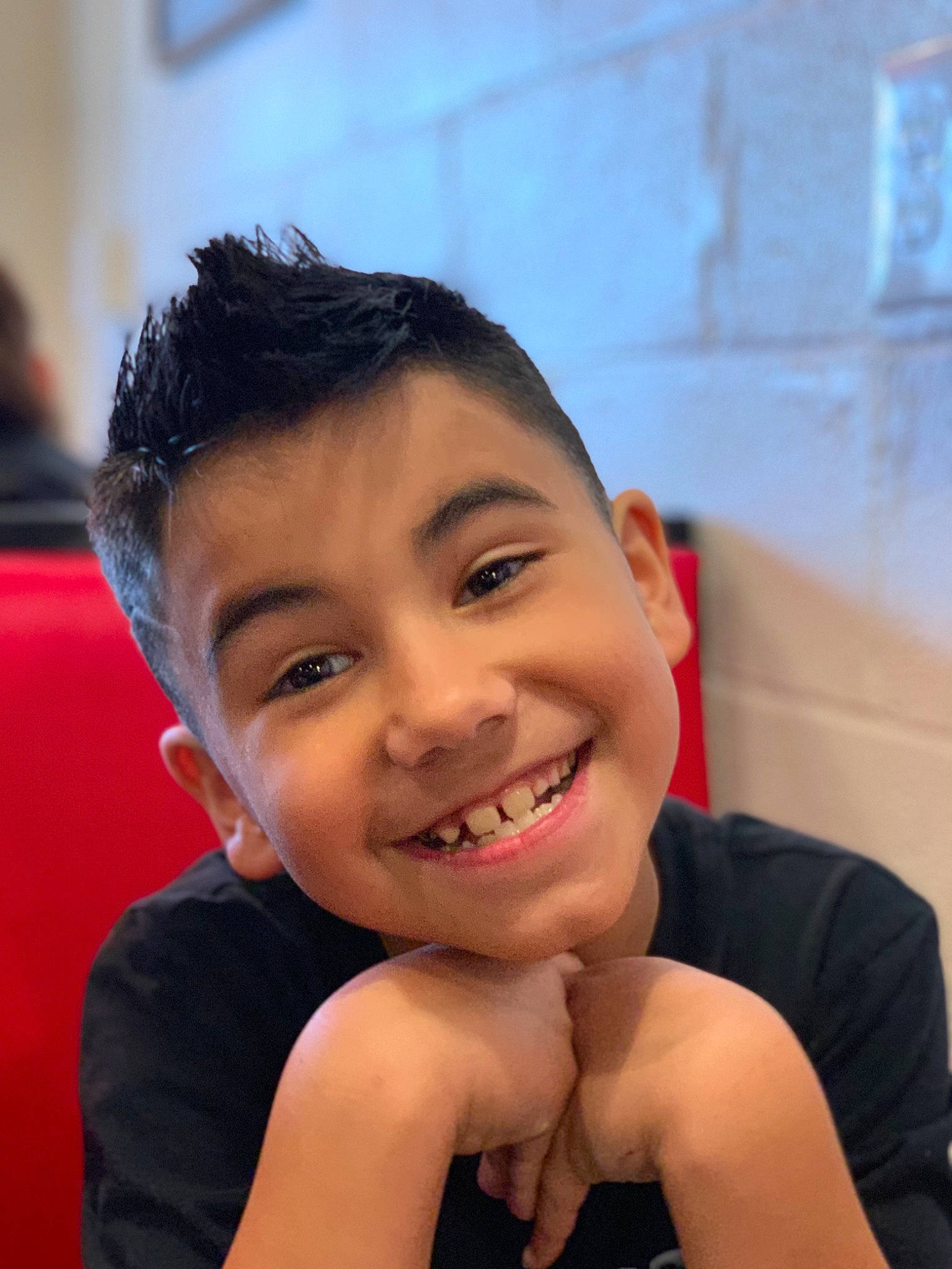 Aiden is registered to the contest to win money with this photo: black_hair, cheek, child, chin, ear, eyebrow, face, facial_expression, forehead, fun, hair, hairstyle, happy, head, joy, laugh, lip, neck, nose, person