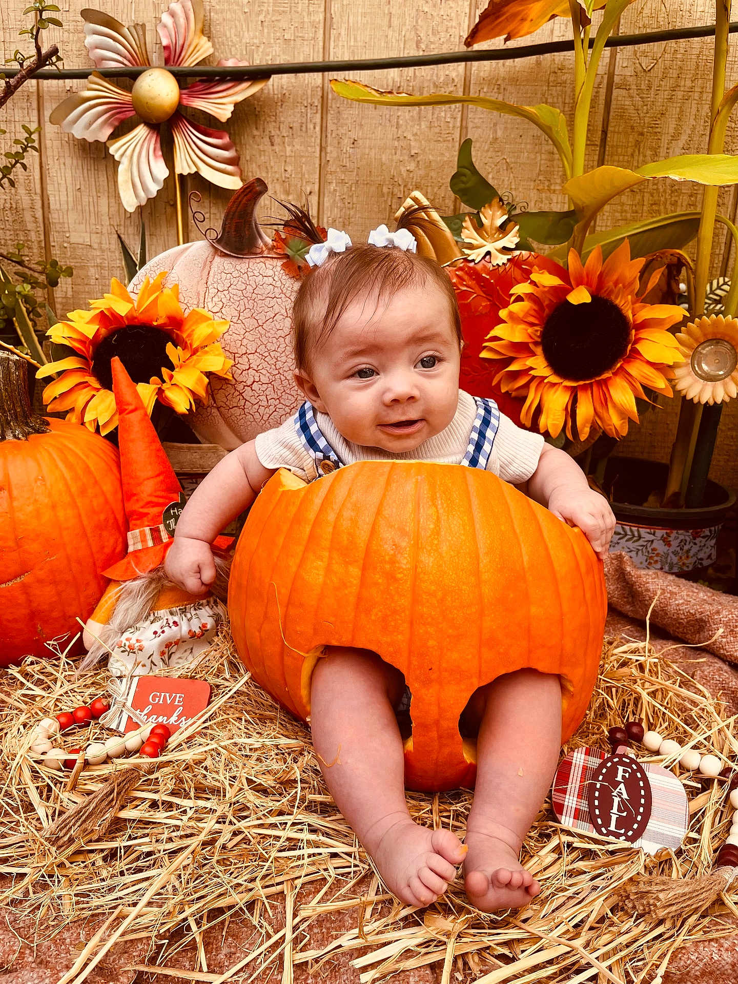 Amelia Rose joined the competition — help win amazing prizes! baby, pumpkin, fall, autumn, sunflower, gnome, hay, decoration, orange, cute, child, smiling, seasonal, festive, outdoor, plant, leaf, face, legs, holiday