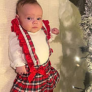 Ariella joined the competition — help win amazing prizes! baby, infant, plaid, red, white, bow, dress, blanket, carpet, christmas_tree, holiday, lights, indoors, cozy, cute, child, person, festive, winter, soft