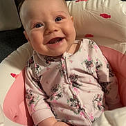 Mavery joined the competition — help win amazing prizes! baby, smiling, infant, onesie, pink, minnie_mouse, baby_seat, cushion, happy, child, indoor, cute, face, portrait, sitting, young_child, clothing, comfort, expression, person