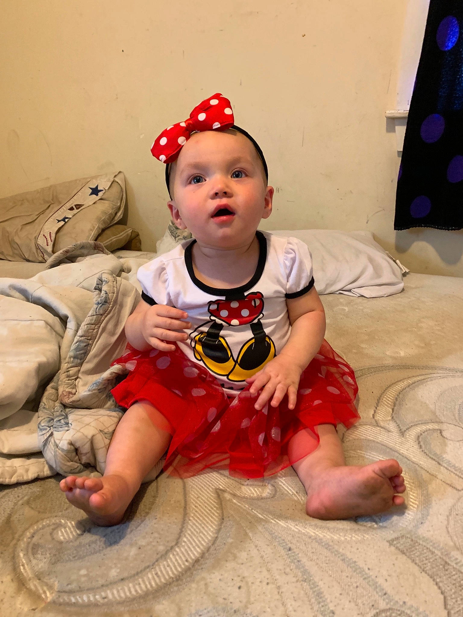 Roslaie joined the competition — help win amazing prizes! baby, child, costume, fun, hair_accessory, headband, headgear, headpiece, person, sitting, skin, smile, surprise, toddler
