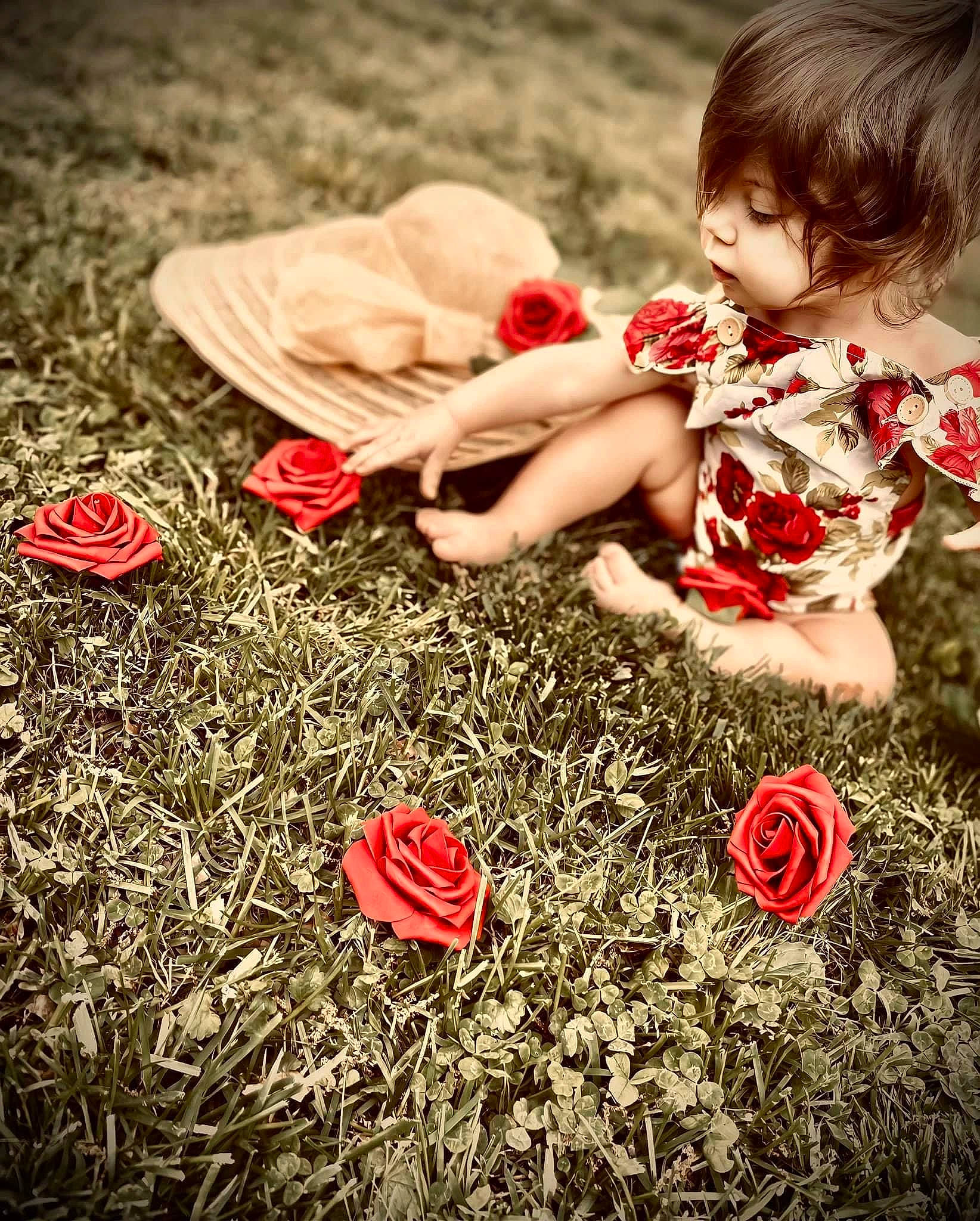 Cora is registered to the contest to win money with this photo: dress, eye, finger, flash_photography, grass, hand, happy, head, human_body, leaf, leg, morning, nature, people_in_nature, person, petal, plant, red, shoe, sunlight