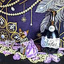 dog, small_dog, dress, pearls, feathers, purple, balloon, champagne, party, celebration, decorations, glamorous, pet, costume, accessories, elegant, table, background, festive, sitting