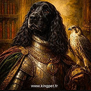 Ulysse a rejoint le concours — aidez-le/la à gagner de superbes lots ! dog, black_dog, armor, medieval, falcon, bird, library, bookshelf, portrait, noble, regal, gold, ornate, costume, historic, animal, pet, fancy, indoor, decoration