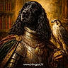 dog, black_dog, armor, medieval, falcon, bird, library, bookshelf, portrait, noble, regal, gold, ornate, costume, historic, animal, pet, fancy, indoor, decoration