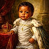 baby, child, portrait, royalty, crown, cape, fur, jewelry, gold, red_velvet, table, curtain, column, indoor, historical_style, costume, young_child, expression, decor, luxury
