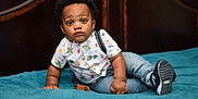Javis C. Tie joined the competition — help win amazing prizes! toddler, child, baby, indoor, bed, blanket, clothing, shirt, suspenders, jeans, shoes, footwear, curly_hair, portrait, face, expression, cute, looking, young, casual