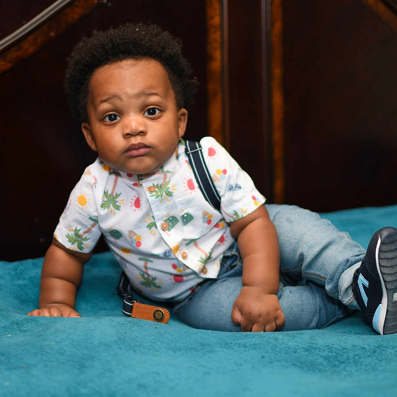 Javis C. Tie joined the competition — help win amazing prizes! baby, bed, blanket, casual, child, clothing, curly_hair, cute, expression, face, footwear, indoor, jeans, looking, portrait, shirt, shoes, suspenders, toddler, young