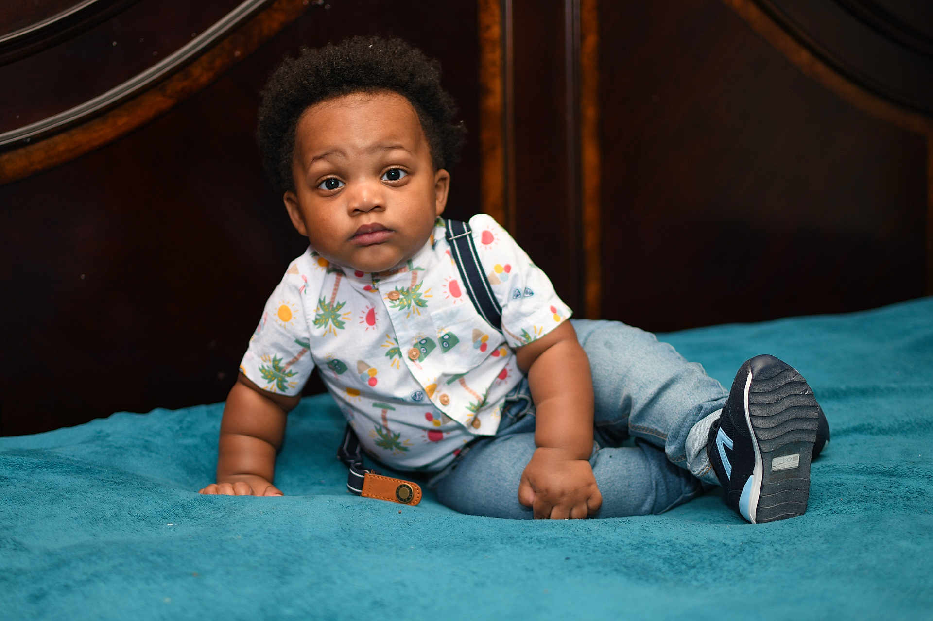 Javis C. Tie joined the competition — help win amazing prizes! toddler, child, baby, indoor, bed, blanket, clothing, shirt, suspenders, jeans, shoes, footwear, curly_hair, portrait, face, expression, cute, looking, young, casual