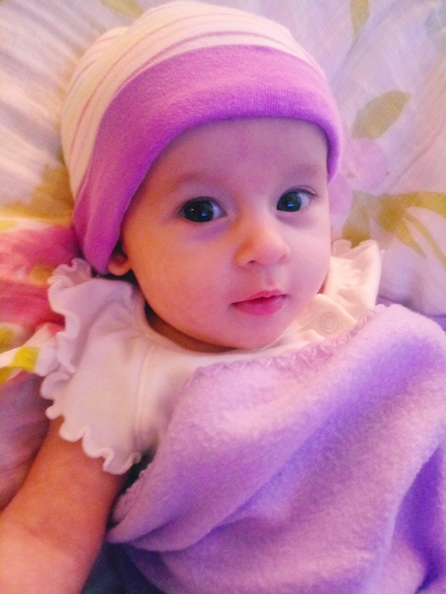Isabella joined the competition — help win amazing prizes! baby, cheek, child, eye, face, head, headgear, iris, lavender, lilac, lip, person, pink, plant, purple, skin, smile, toddler, violet