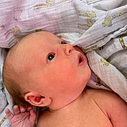 Iris joined the competition — help win amazing prizes! baby, newborn, infant, blanket, giraffe_pattern, skin, hand, ear, face, eyes, mouth, curious, soft_texture, close_up, lying_down, cute, human, portrait, wrapped, sleepwear