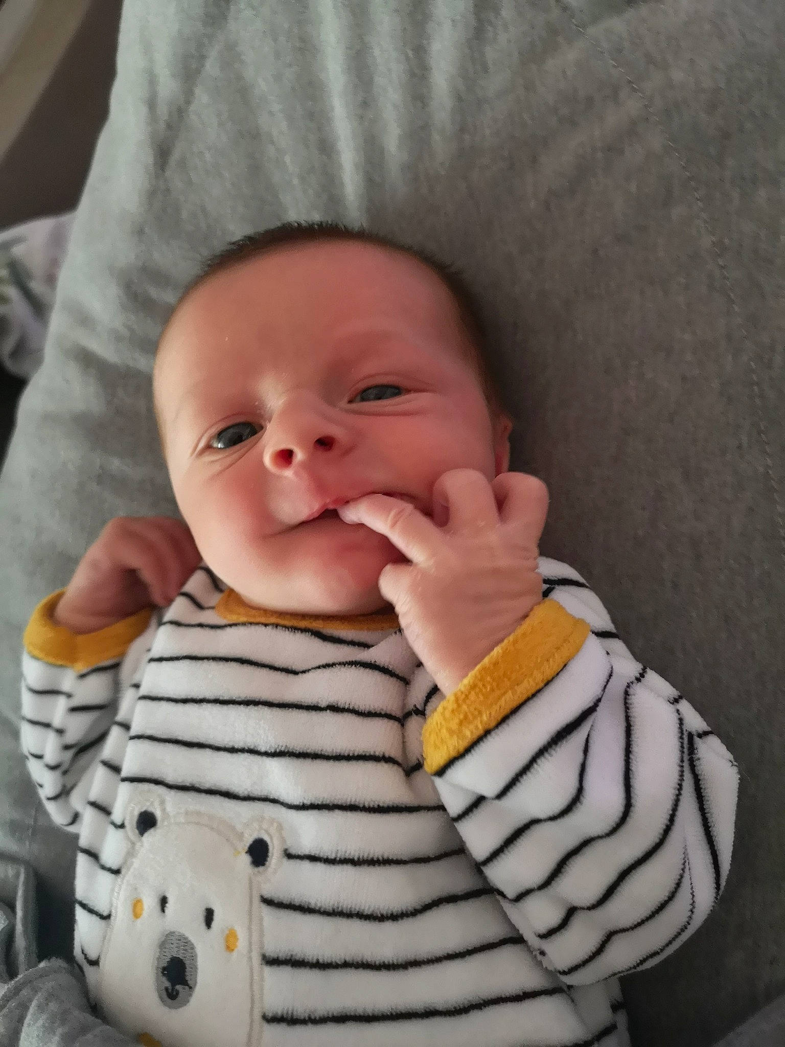 Jace participe au concours pour gagner de l'argent avec cette photo : baby, baby_toddler_clothing, cheek, child, chin, comfort, finger, gesture, iris, lip, mammal, mouth, nail, nose, organ, person, skin, sleeve, smile, textile