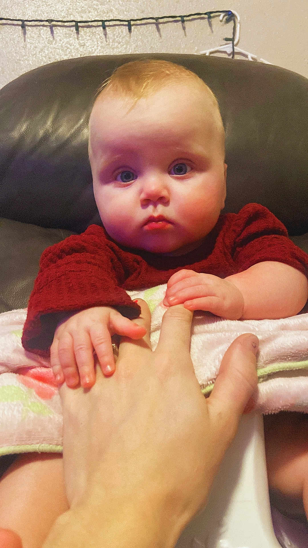 Mia is registered to the contest to win money with this photo: baby, child, infant, hands, sweater, red_clothing, blanket, leather_chair, indoor, person, skin, face, expression, grip, comfort, cute, seated, human, portrait, warm