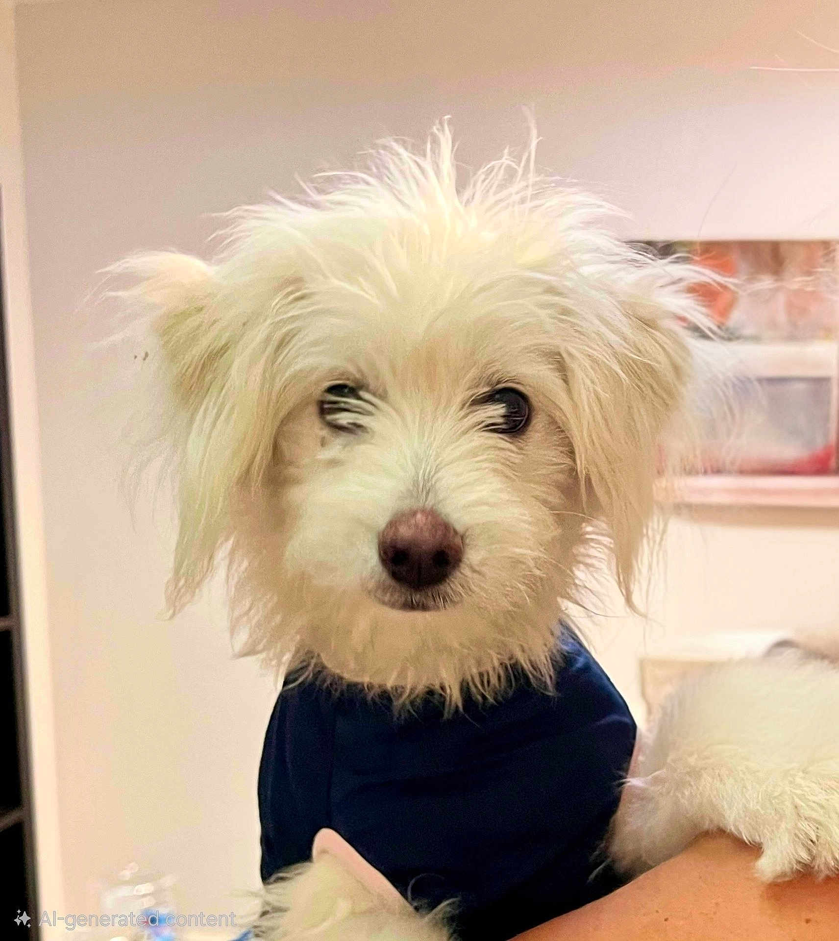 Squirrel is registered to the contest to win money with this photo: dog, white_dog, fluffy, pet, indoor, portrait, animal, cute, furry, small_dog, canine, person_holding_dog, clothing, curious, face, ears, nose, fur, background, artwork