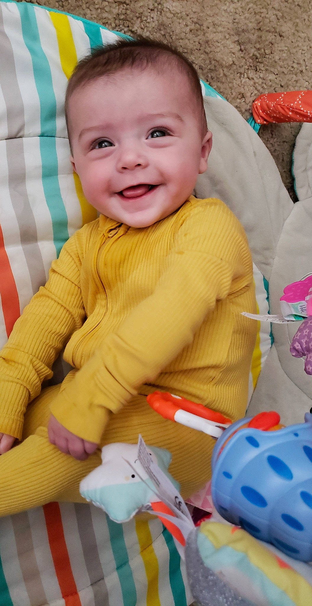 Mckinley joined the competition — help win amazing prizes! baby, baby_laughing, baby_toddler_clothing, blue, cheek, comfort, eye, fun, happy, iris, joy, nose, person, pink, product, skin, sleeve, smile, textile, toddler