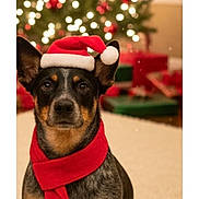 Nico is registered to the contest to win money with this photo: animal, black, brown, carpet, christmas_lights, christmas_tree, cute, decorations, dog, ears, festive, gift, holiday, holiday_season, indoor, pet, portrait, santa_hat, scarf, tan