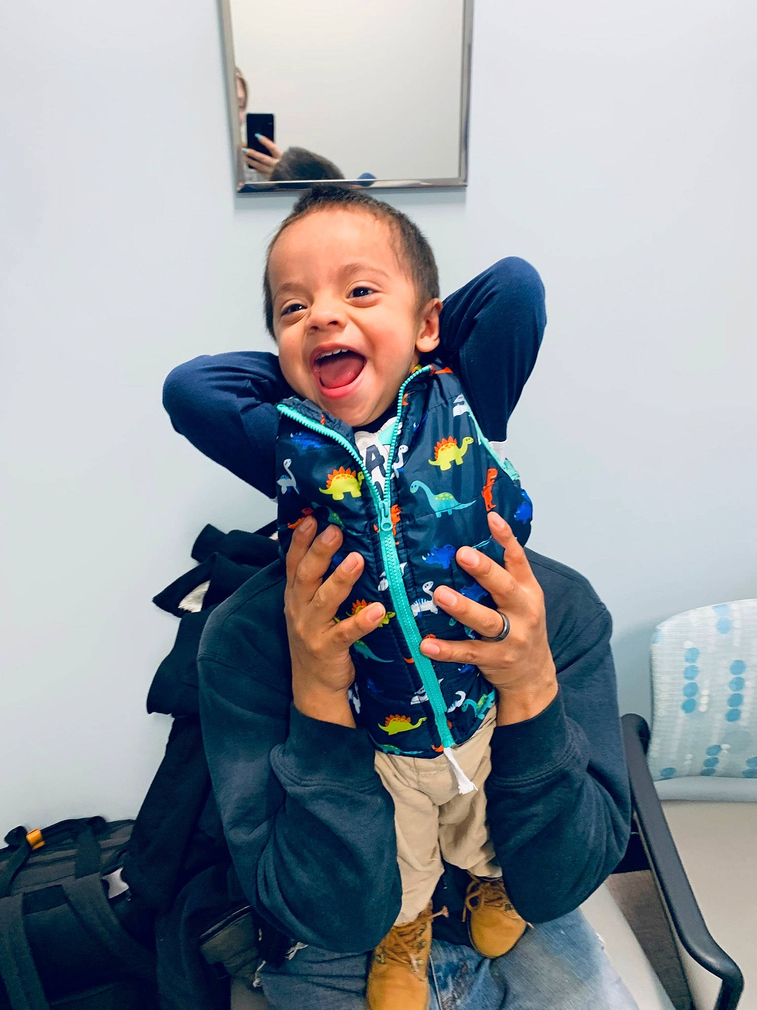 Ezekiel joined the competition — help win amazing prizes! baby, baby_toddler_clothing, child, comfort, denim, electric_blue, fashion_accessory, fictional_character, formal_wear, fun, gesture, happy, person, personal_protective_equipment, room, sitting, sleeve, smile, t_shirt, television
