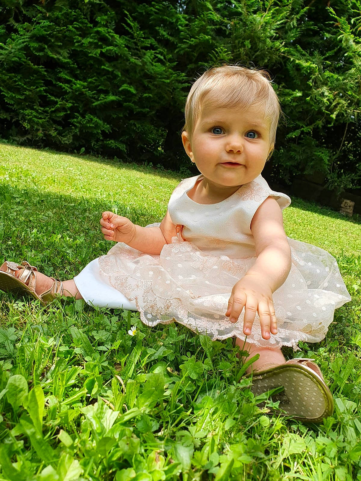 Juana a rejoint le concours — aidez-le/la à gagner de superbes lots ! baby, baby_toddler_clothing, child, day_dress, dress, fun, garden, grass, grass_family, green, groundcover, happy, lawn, meadow, people_in_nature, person, plant, sitting, terrestrial_plant, toddler