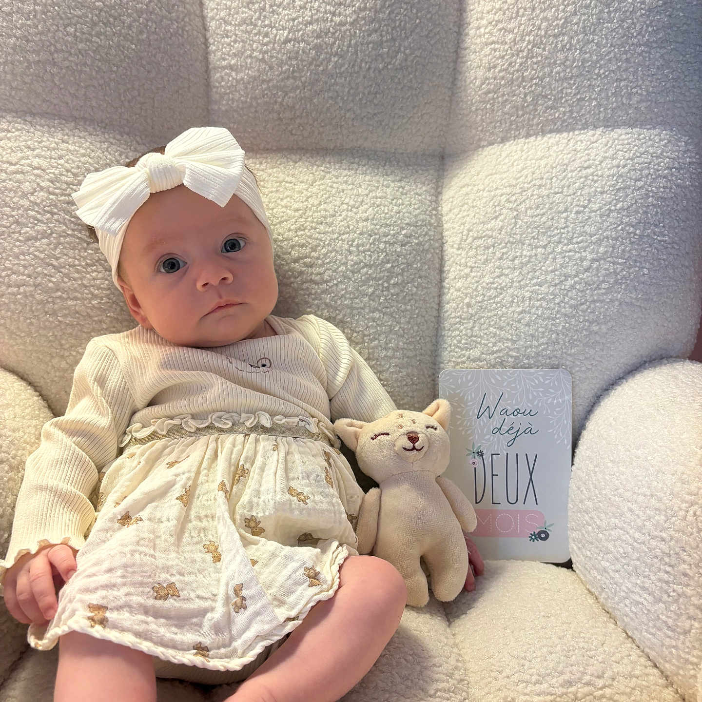 Isaé a rejoint le concours — aidez-le/la à gagner de superbes lots ! armchair, baby, bare_feet, cute, dress, headband, indoor, infant, milestone_card, neutral_colors, plush_toy, portrait, sitting, skirt, soft_light, stuffed_animal, textured_fabric, toes, white_bow, wide_eyes