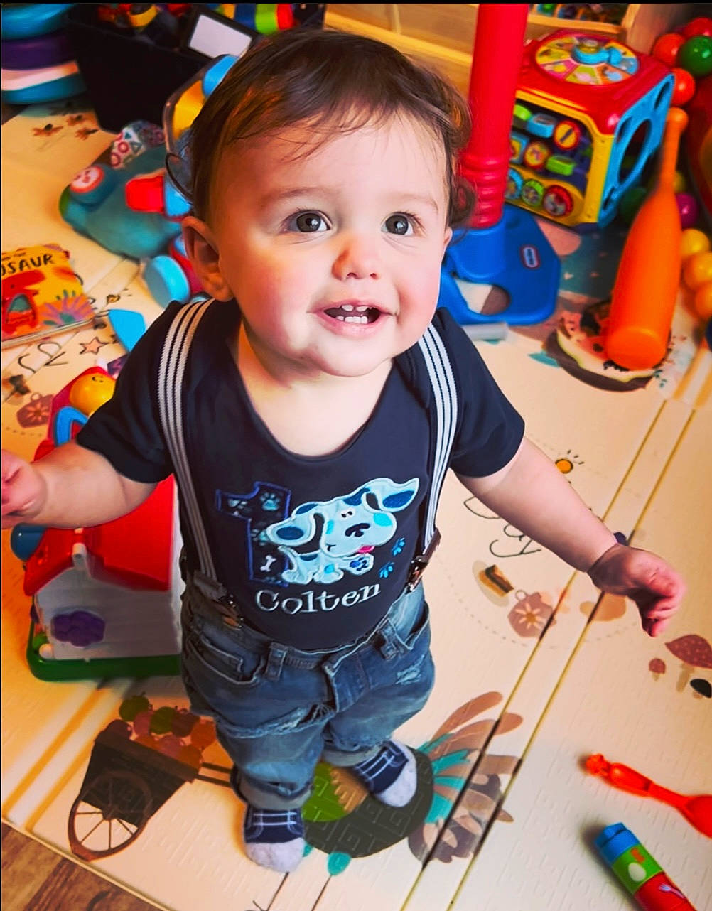Colten joined the competition — help win amazing prizes! baby, baby_playing_with_toys, baby_toddler_clothing, baby_toys, chair, cheek, child, fun, happy, joy, person, photograph, play, product, room, smile, snapshot, t_shirt, toddler, toy