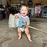 baby, child, toddler, standing, smiling, surprised, blue_eyes, broom, cleaning, garage, workshop, 工具, striped_shirt, diaper, barefoot, indoor, portrait, floor, tools, funny