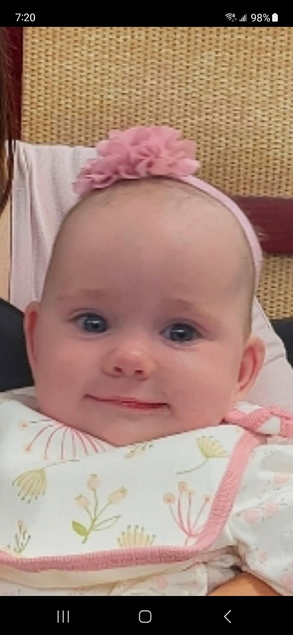 Hannah is registered to the contest to win money with this photo: baby, baby_toddler_clothing, cheek, chin, ear, eye, eyebrow, eyelash, face, facial_expression, forehead, hair, head, iris, lip, nose, person, pink, skin, smile