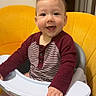 Danilo is registered to the contest to win money with this photo: baby, child, smiling, indoor, highchair, yellow_chair, happy, person, toddler, clothing, seat, furniture, face, cute, portrait, sitting, infant, home, young_child, joyful