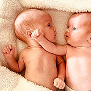 Jase Chase joined the competition — help win amazing prizes! baby, newborn, infant, child, bare_chest, blanket, curious, face, flesh, gaze, hand, infancy, innocence, laying_down, looking, naked_torso, person, skin, twin, white