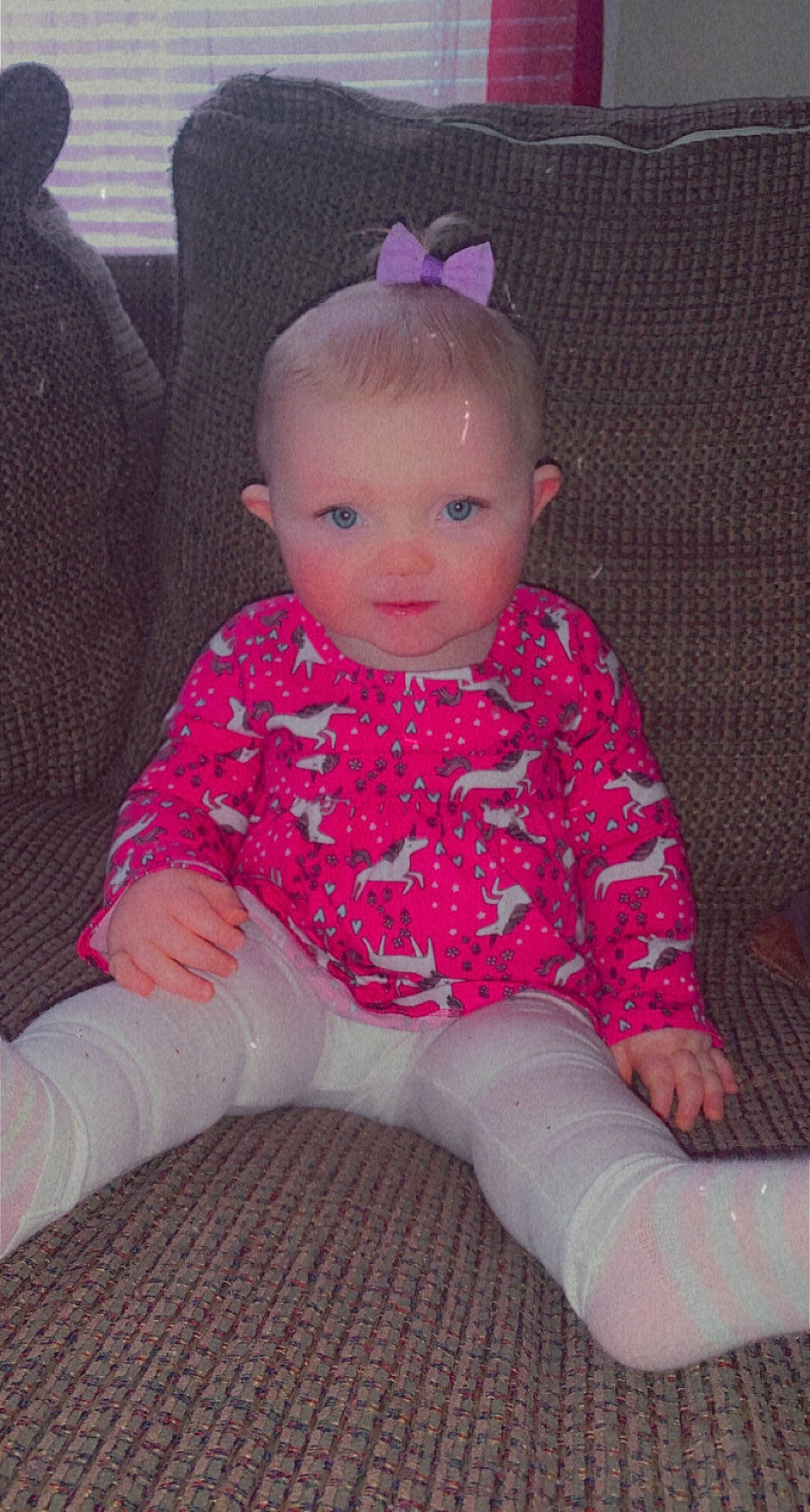 Ella joined the competition — help win amazing prizes! baby, baby_toddler_clothing, cheek, comfort, eye, fun, head, headgear, human_body, iris, lip, magenta, pattern, person, pink, purple, sleeve, smile, sock, textile