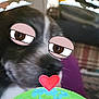 dog, close_up, blurry, sticker, cartoon_eyes, heart, globe, indoor, pet, animal, face, black_and_white, fur, cute, digital_art, overlay, funny, expression, domestic, companion