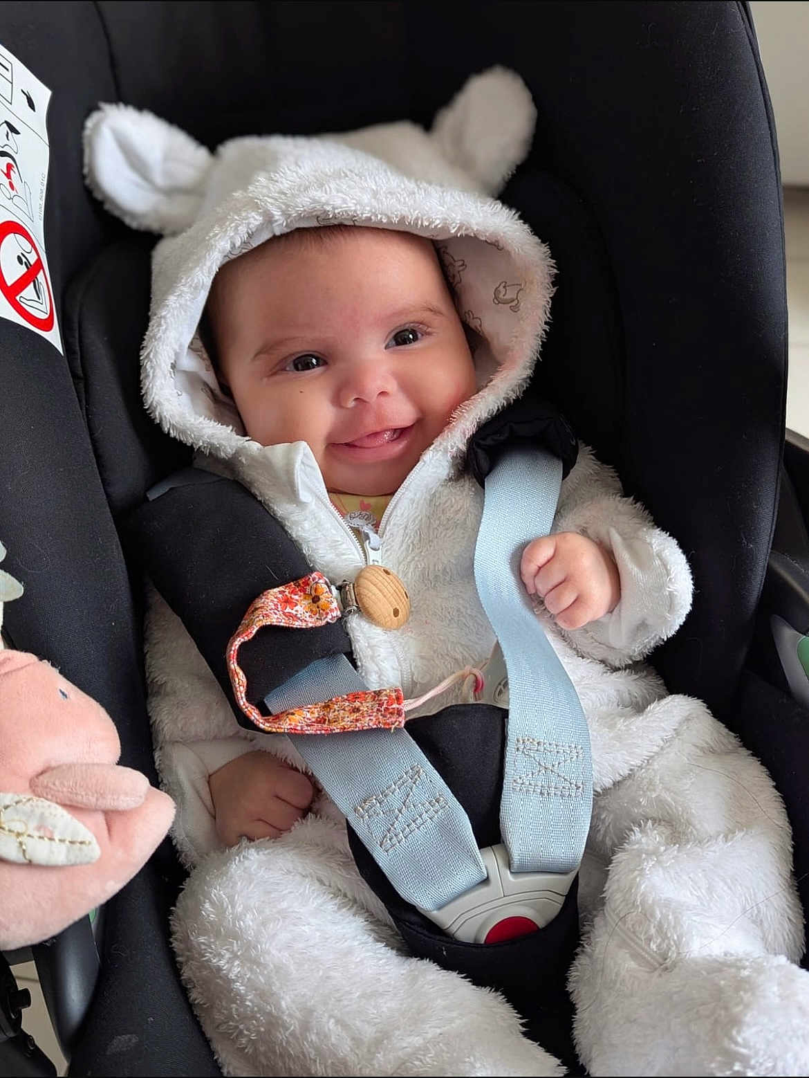 Olivia a rejoint le concours — aidez-le/la à gagner de superbes lots ! baby, child, car_seat, smiling, hooded_jacket, fluffy_clothing, cute, infant, seatbelt, safety, playful, happy, indoors, soft_toys, plush, white_clothing, young_child, face, portrait, cozy