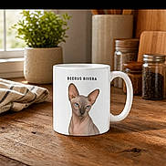 Beerus Rivera joined the competition — help win amazing prizes! cat, mug, coffee_mug, printed_design, kitchen, wooden_table, countertop, houseplant, window, jars, spices, cozy, indoors, home_decor, ceramic, sphynx_cat, product_photo, still_life, phone_screenshot, black_background