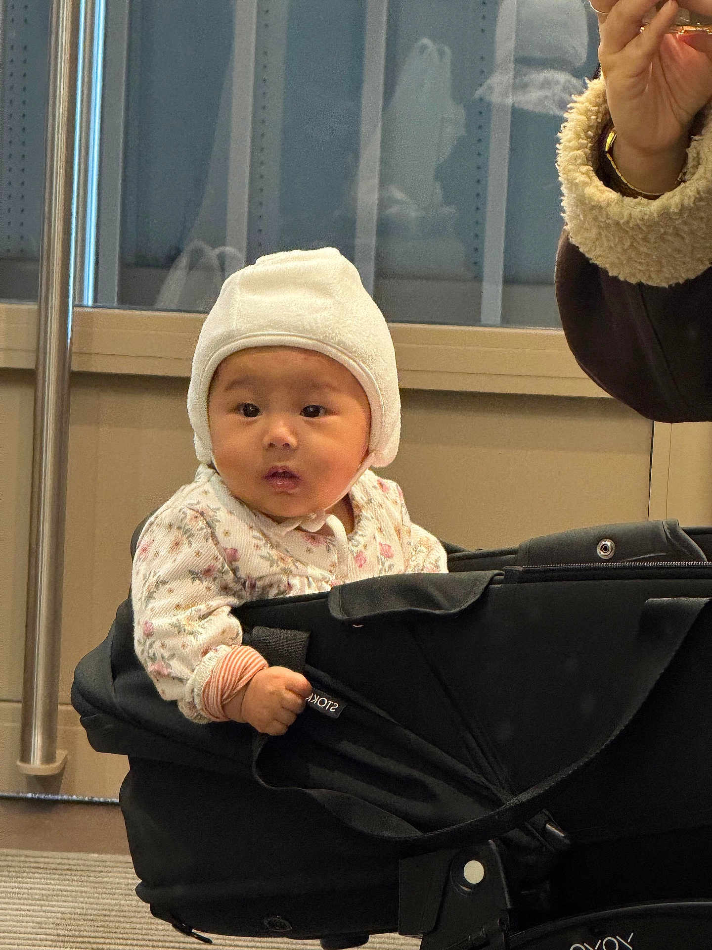 Tara participe au concours pour gagner de l'argent avec cette photo : baby, child, stroller, hat, indoor, hand, clothing, face, person, infant, cozy, grip, curious, toddler, floral, black, adult_hand, window, reflection, floor