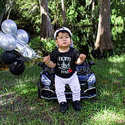 Nelmir joined the competition — help win amazing prizes! toddler, child, boy, outdoor, grass, trees, toy_car, balloons, black_shirt, white_pants, hat, cap, nature, sunlight, greenery, portrait, standing, cute, fashion, playtime