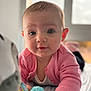 baby, infant, child, pink_cardigan, toy, hand, face, eyes, lying_down, soft_light, window, indoor, curious, skin, expression, clothing, blanket, closeup, person, portrait