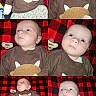 baby, infant, child, portrait, collage, multiple_views, face, blue_eyes, pacifier, brown_outfit, animal_costume, horns, blanket, red_blanket, checkered_pattern, lying_down, indoor, close_up, cute, expression