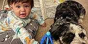 Dante is registered to the contest to win money with this photo: baby, child, dog, toy, carpet, pajamas, cushion, playmat, indoor, home, furniture, pet, animal, floor, smiling, curious, colorful, livingroom, playtime, cute