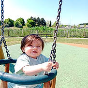 Zelko a rejoint le concours — aidez-le/la à gagner de superbes lots ! bench, blue_sky, casual_clothing, chain, child, daytime, fence, grass, greenery, happy, outdoor, park, person, playground, smiling, summer, sunny, swing, toddler, trees