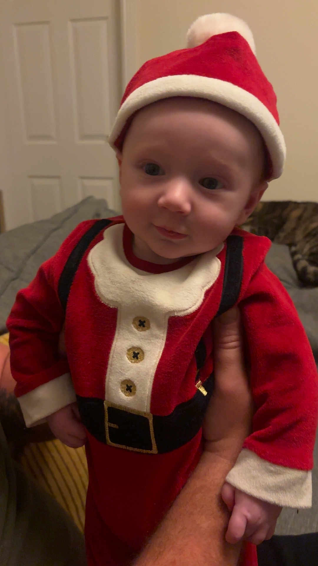 Theodore joined the competition — help win amazing prizes! baby, child, santa_claus_costume, red_clothing, hat, indoor, person, hand, cat, furniture, couch, door, sleeping_cat, cute, holiday, festive, portrait, infant, smile, holding