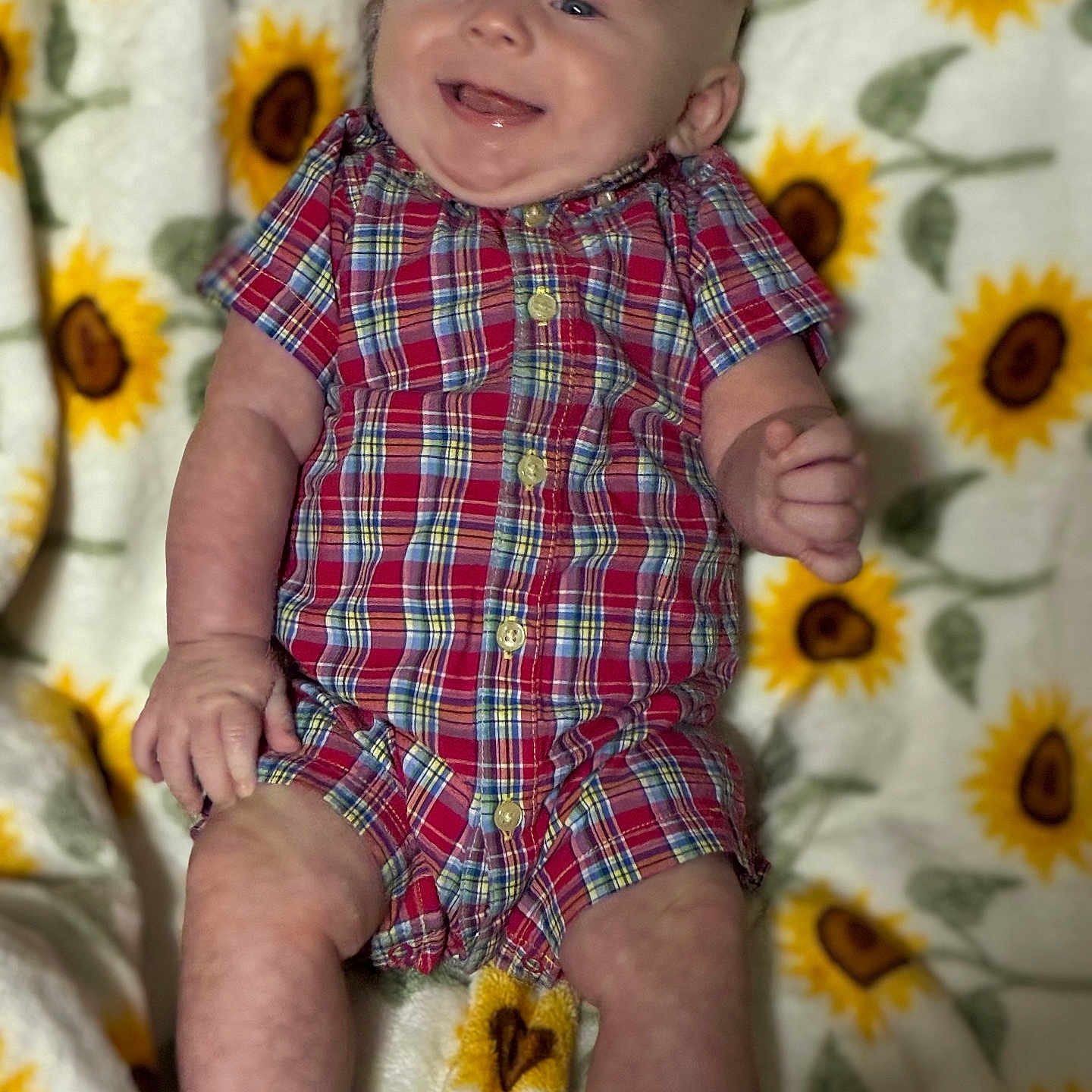 Richard Jr joined the competition — help win amazing prizes! baby, blanket, buttoned_onesie, child, cozy, cute, face, happy, indoors, infant, legs, lying_down, plaid_clothing, portrait, skin, small_hands, smiling, soft_texture, sunflower_pattern, young