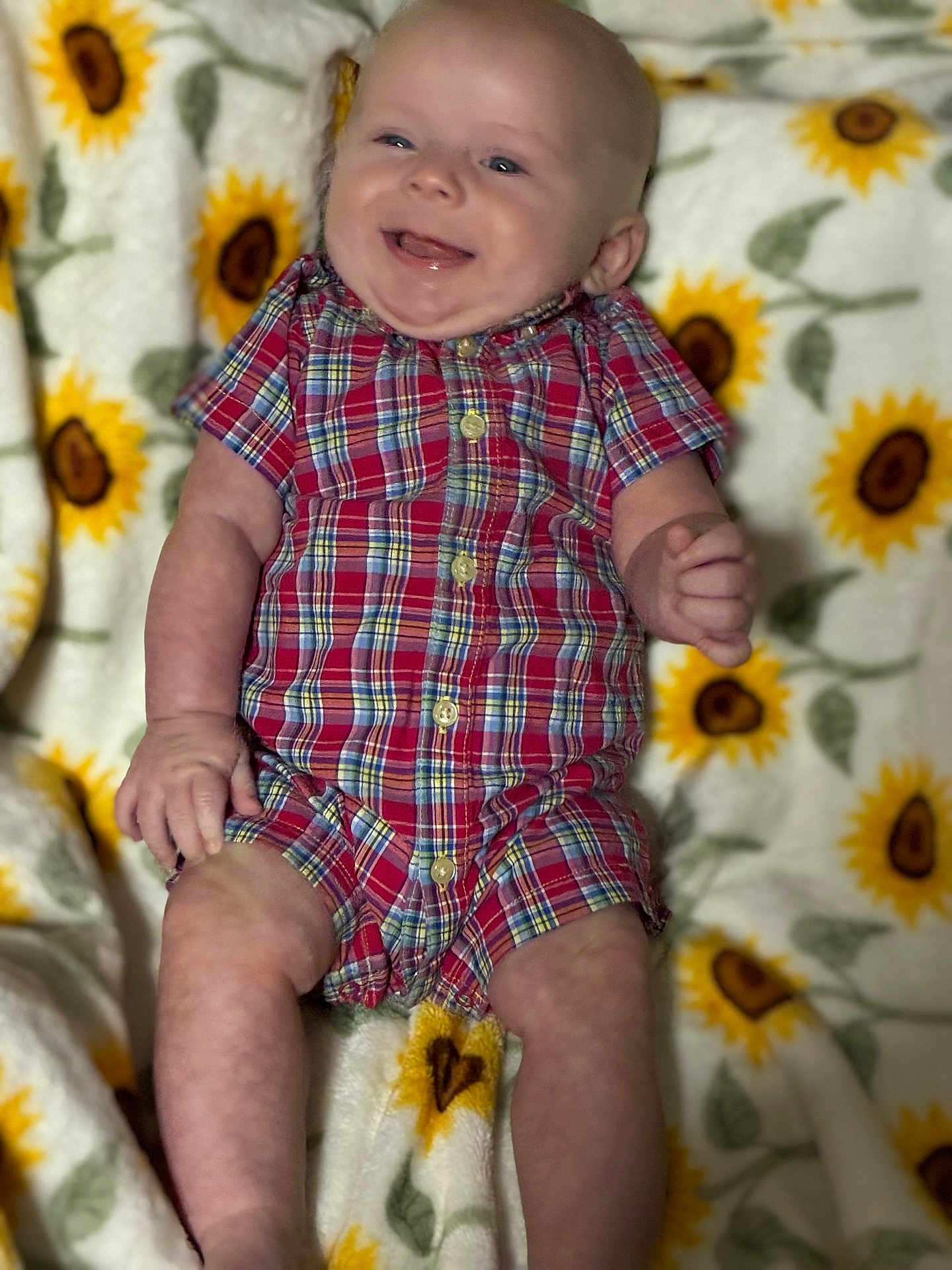 Richard Jr joined the competition — help win amazing prizes! baby, smiling, infant, plaid_clothing, blanket, sunflower_pattern, happy, lying_down, cute, child, indoors, portrait, young, skin, face, small_hands, legs, buttoned_onesie, cozy, soft_texture