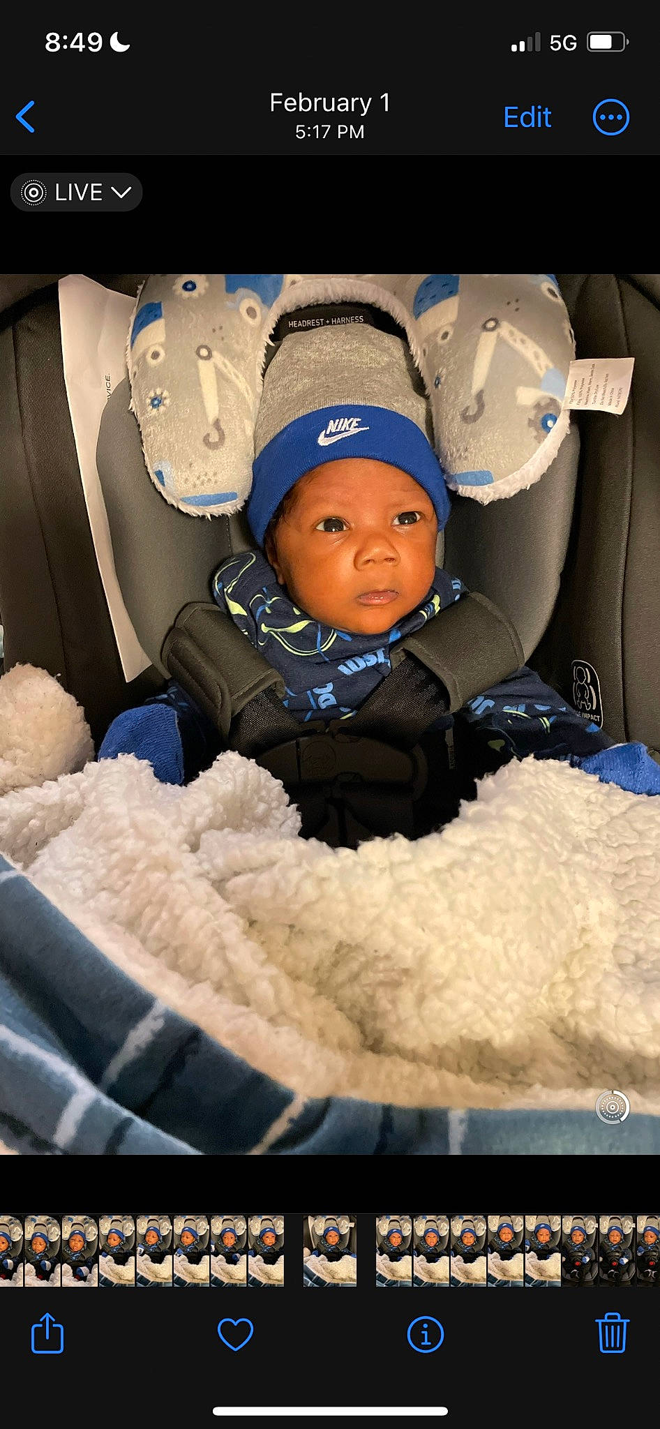 Anthony is registered to the contest to win money with this photo: automotive_design, baby, baby_products, baby_safety, baby_sleeping, baseball_cap, beanie, cap, car_seat, child, cloud, comfort, electric_blue, flash_photography, fun, happy, headwear, linens, person, smile